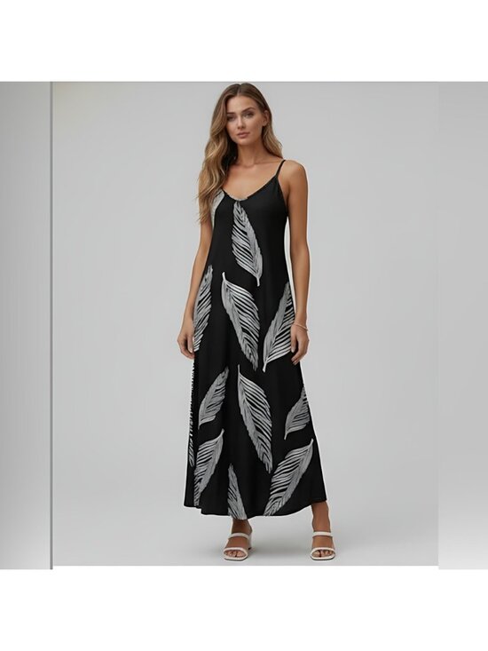 By Design Dresses & Skirts - Boho Leaf Print Sleeveless Maxi Dress Black